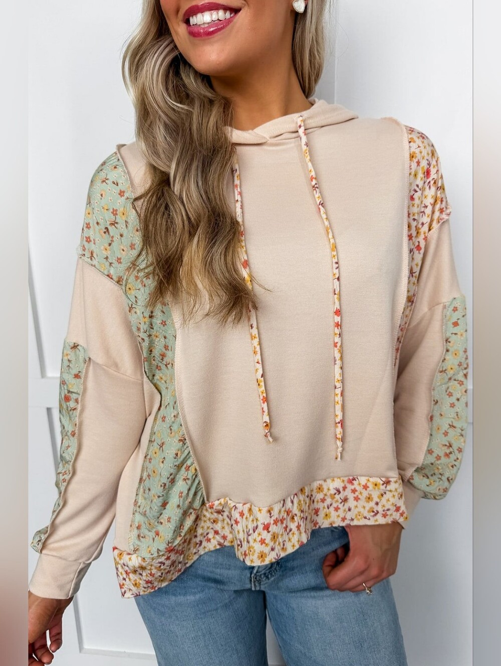 Haptics Light Pink Boxy Patchwork Floral Pullover Hoodie Top Size Large